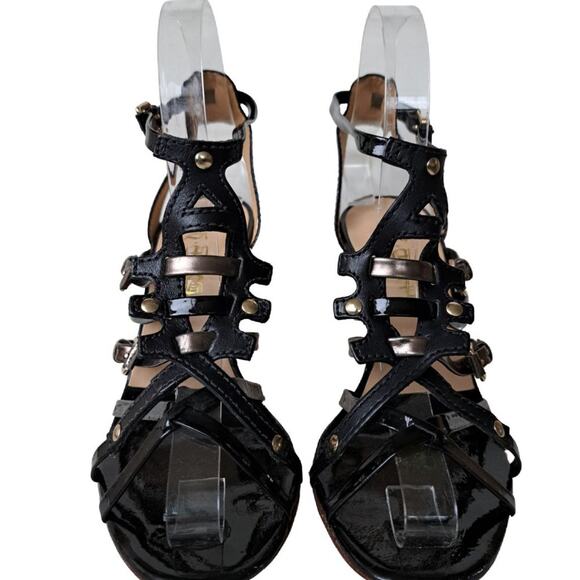L.A.M.B. Black Patent Leather LaDonna Strappy Stillito Heels Sandals - Picture 7 of 10
